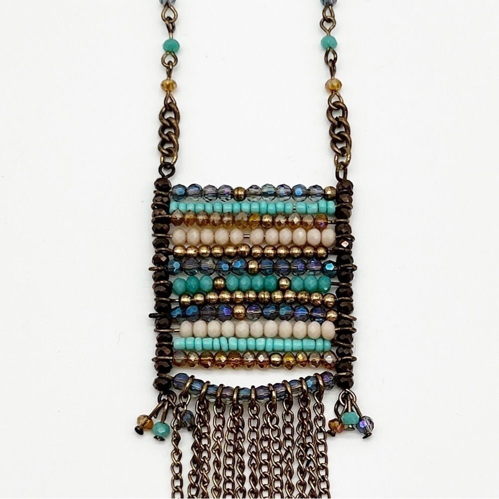 NEW Gold Tone Aqua Irridescent Seed Bead Tapestry Chain Tassel Long Necklace 30” - Picture 3 of 6